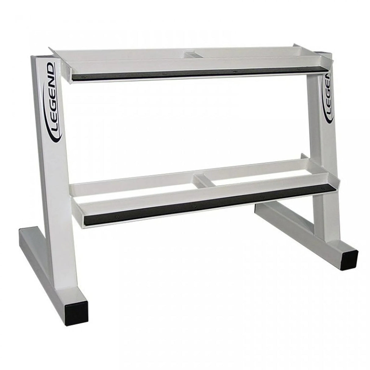 White dumbbell rack with two shelves on a white background