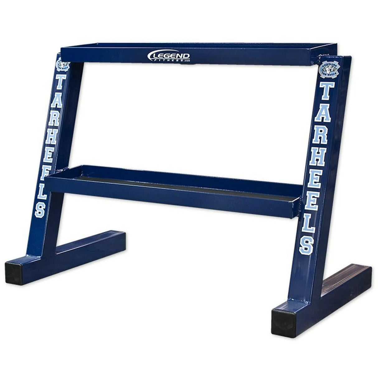 Blue two-shelf kettlebell storage rack with 'Tarheels' branding