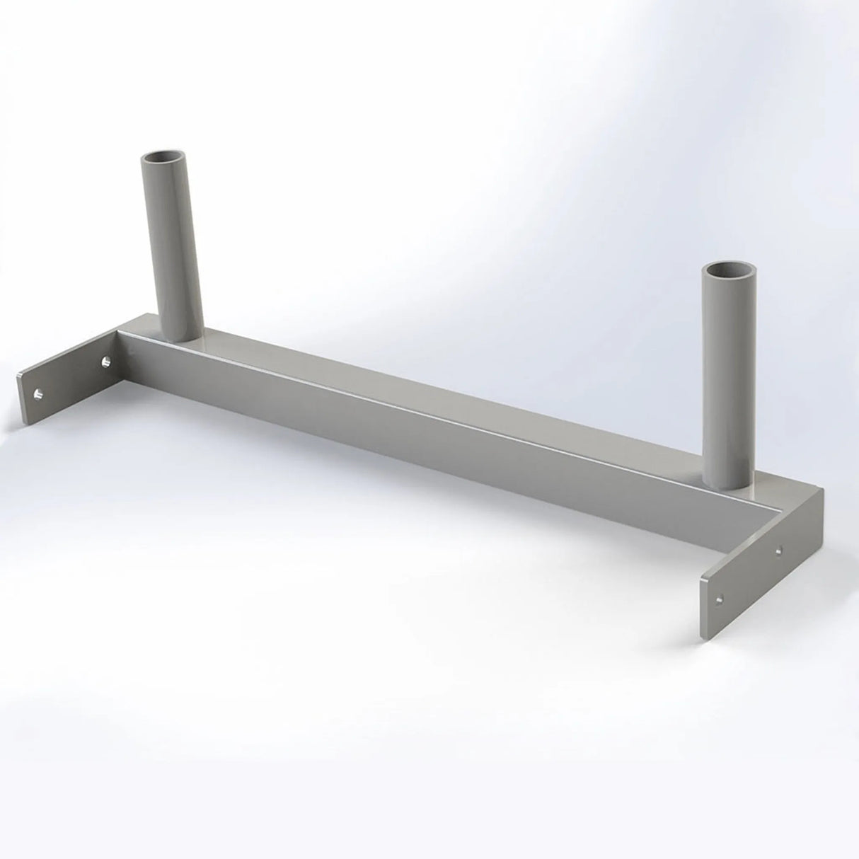 A lower crossmember for a squat rack with two vertical barbell storage tubes on a white background