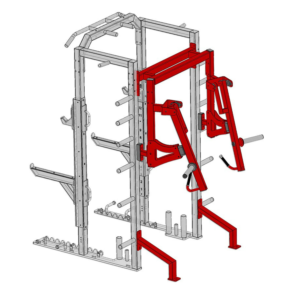 Angled 3D illustration of the Legend Fitness 3269 Pro Series Bumper Storage Attachment by Legend Fitness, featuring attached red lever arms, multiple bars, hooks, and storage pegs for weight plates.