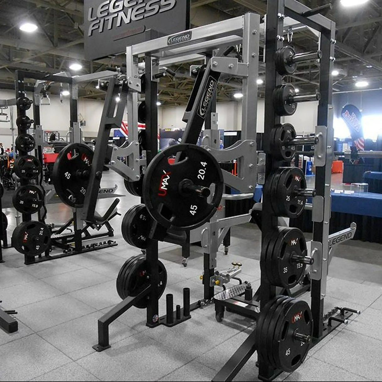 Legend Fitness jammer arms mounted to the rear of a Legend Fitness rack