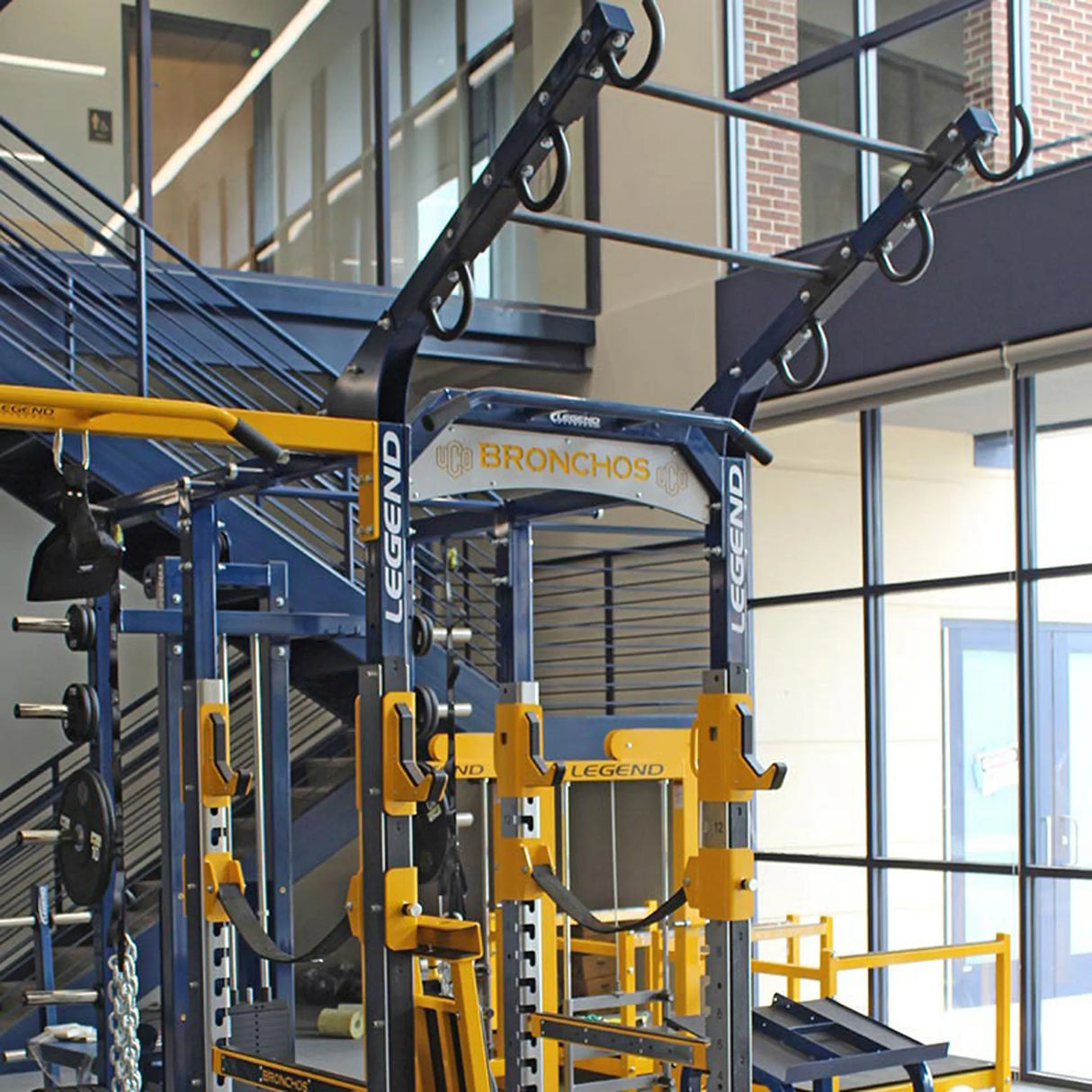 A ladder attachment connected to the top of a Legend Fitness weight lifting cage