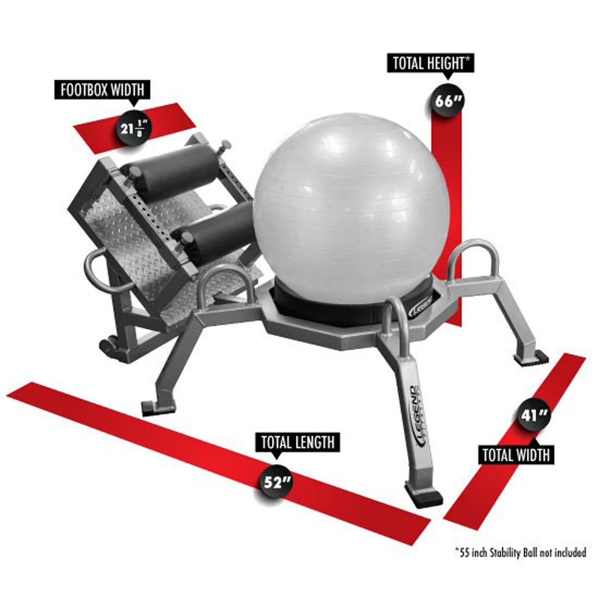 A gray and black piece of fitness equipment with a white exercise ball on top on a white background with red dimensions and labels