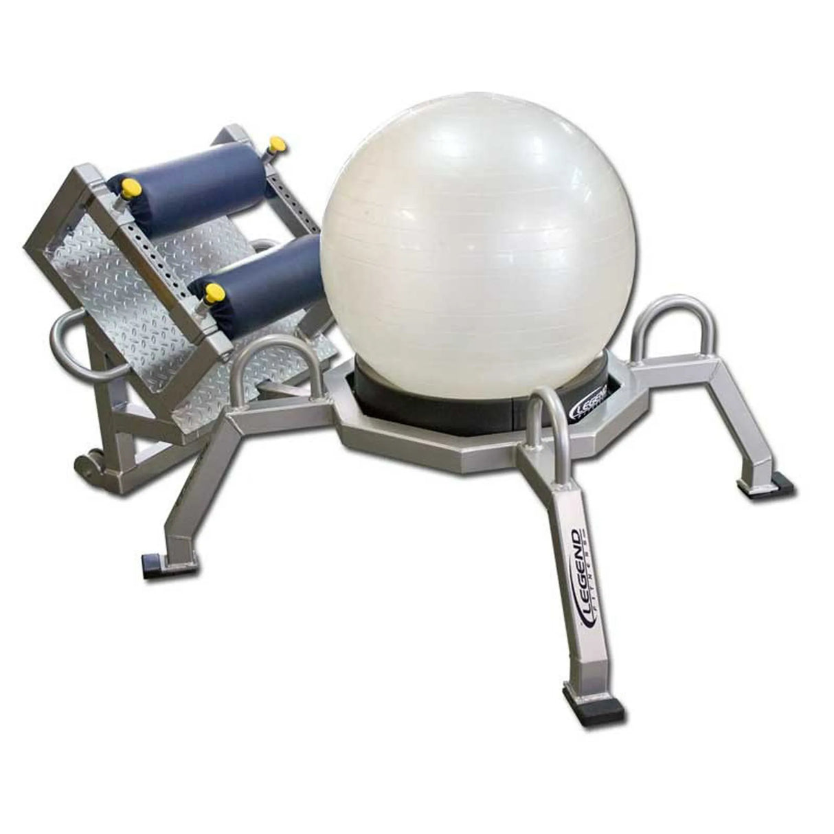 A white exercise ball on a gray piece of fitness equipment on a white background