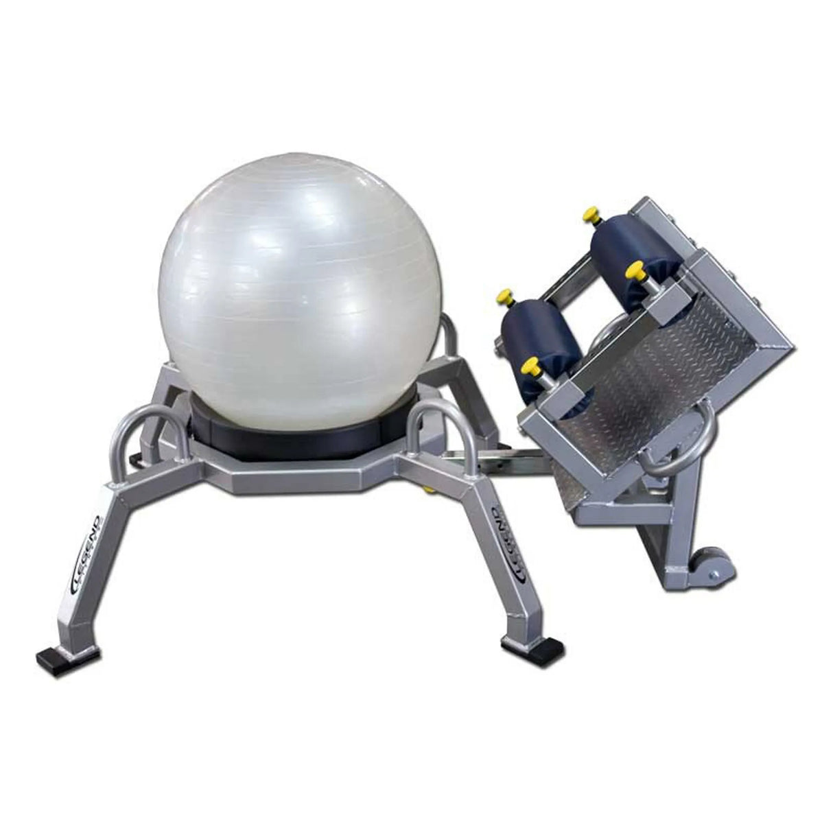 A white exercise ball on a gray and blue piece of fitness equipment on a white background