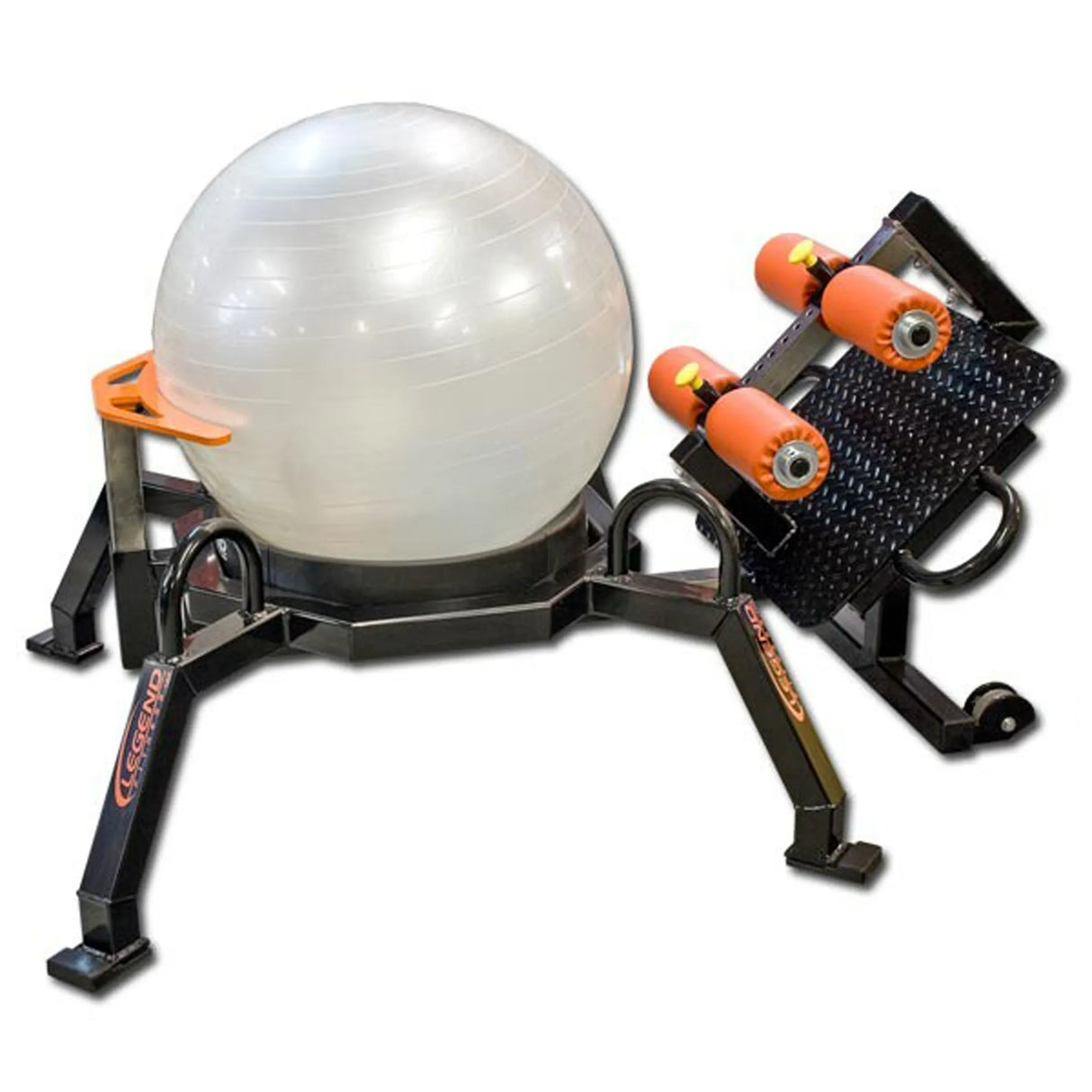 A white exercise ball on a black and orange piece of fitness equipment on a white background