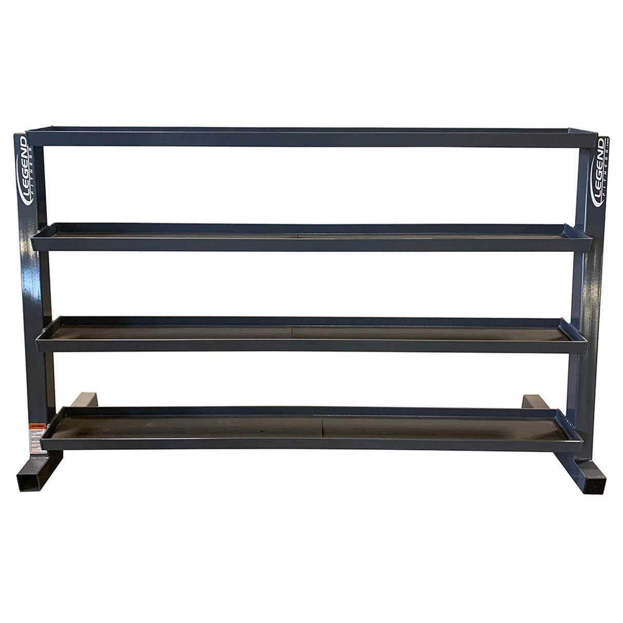 Black metal storage unit with four flat tray shelves on a white background