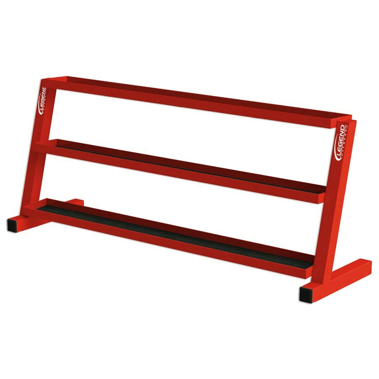 Red metal storage unit with three shelves on a white background