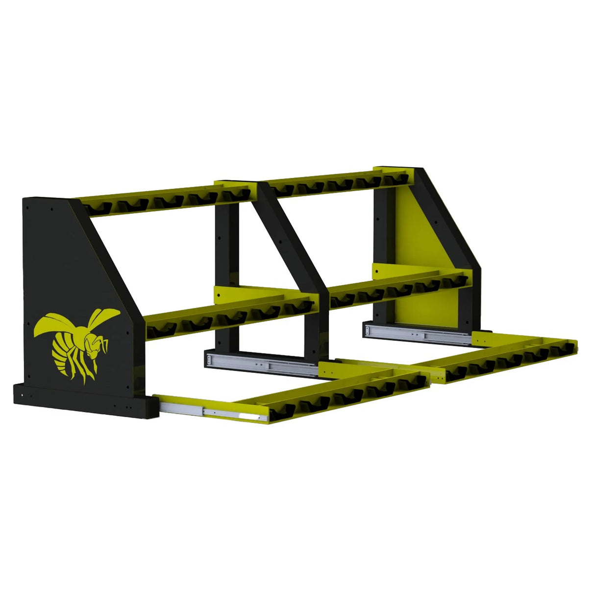 Black and yellow dumbbell storage rack with three shelves with saddles on a white background