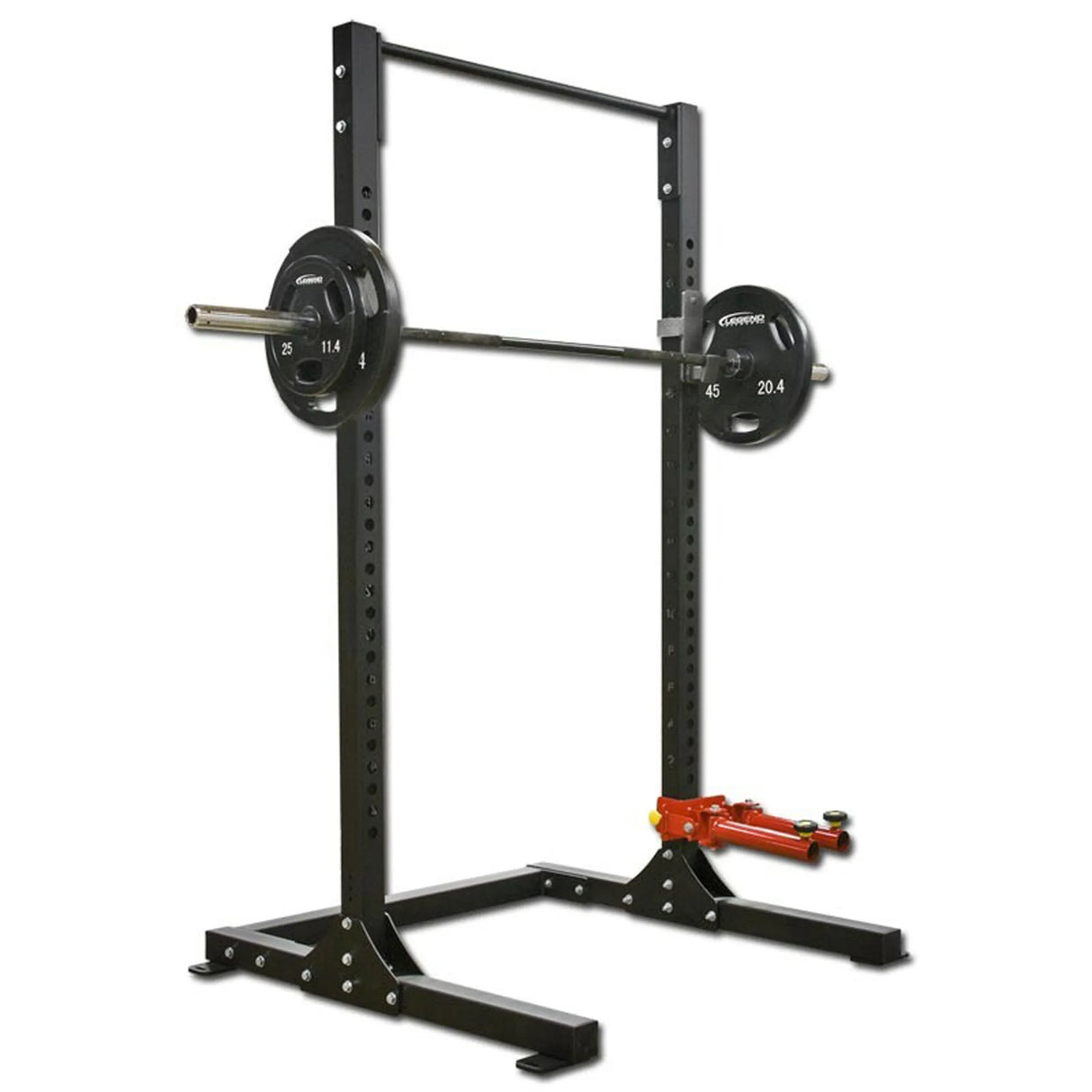 Black weightlifting rack with barbell on it