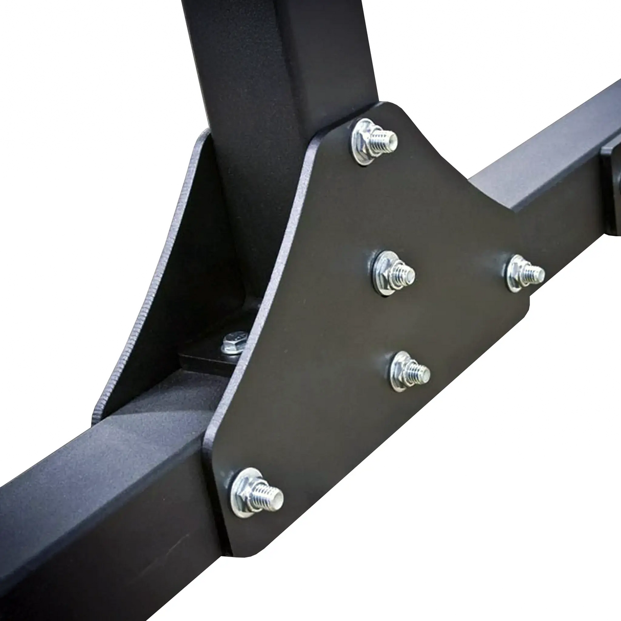Close-up of a black metal bracket with screws on a white background