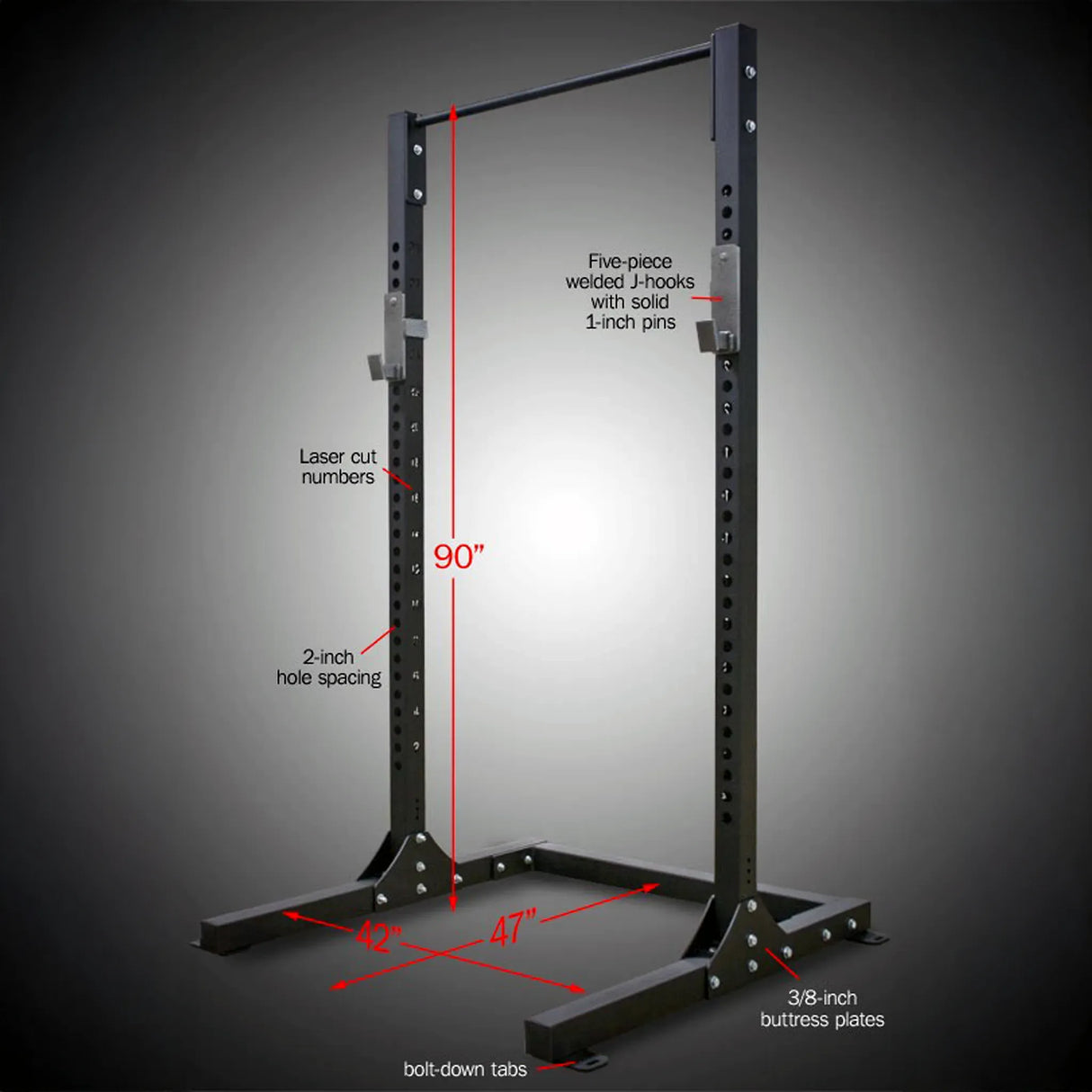 Black quarter rack with dimensions on a gray background