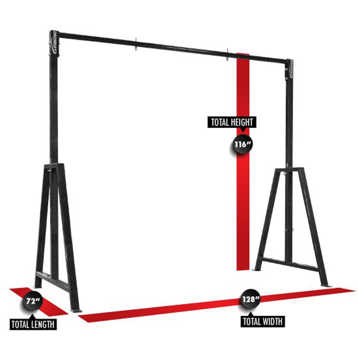 A black metal frame on a white background with labels and dimensions