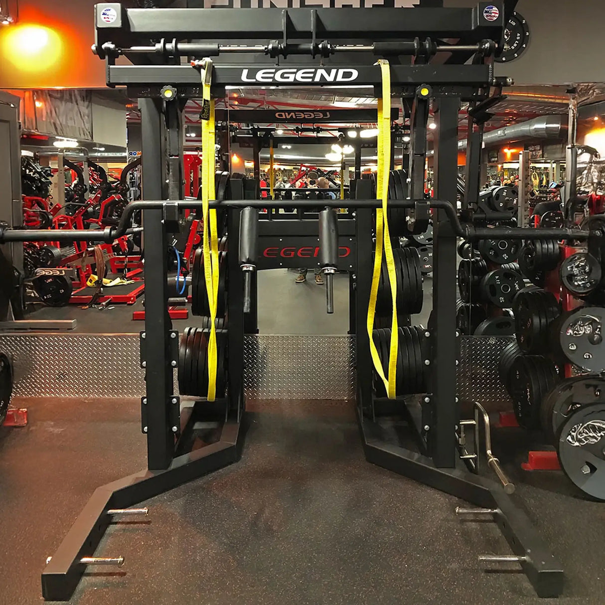 Gym equipment with 'Legend' branding in a fitness center setting