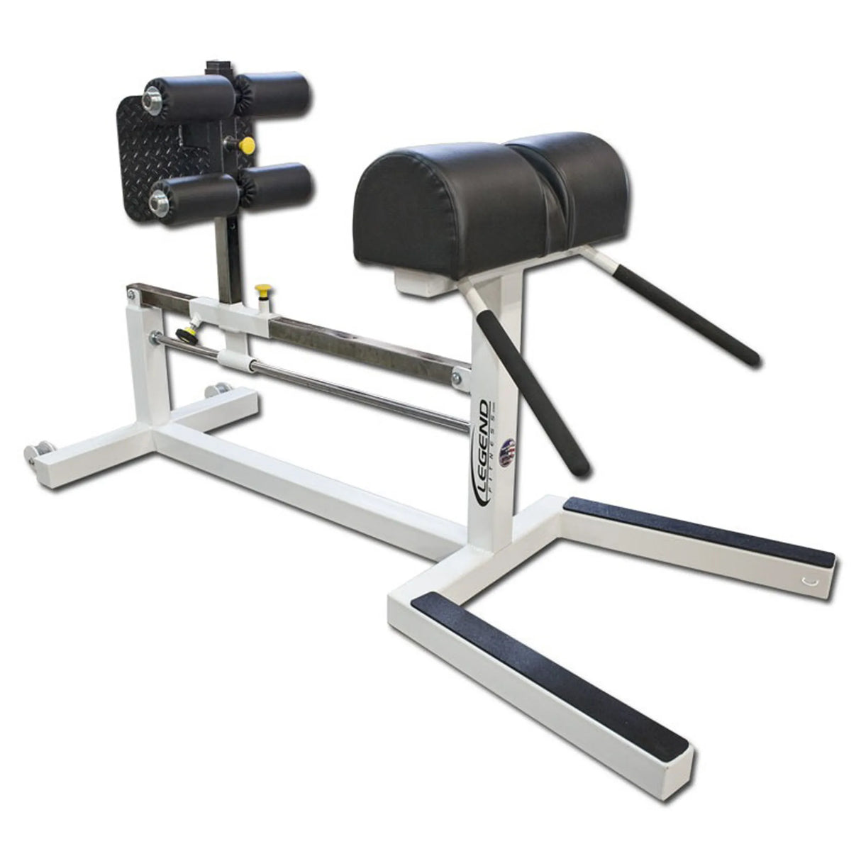 A white Legend Fitness glute ham developer with black pads on a white background