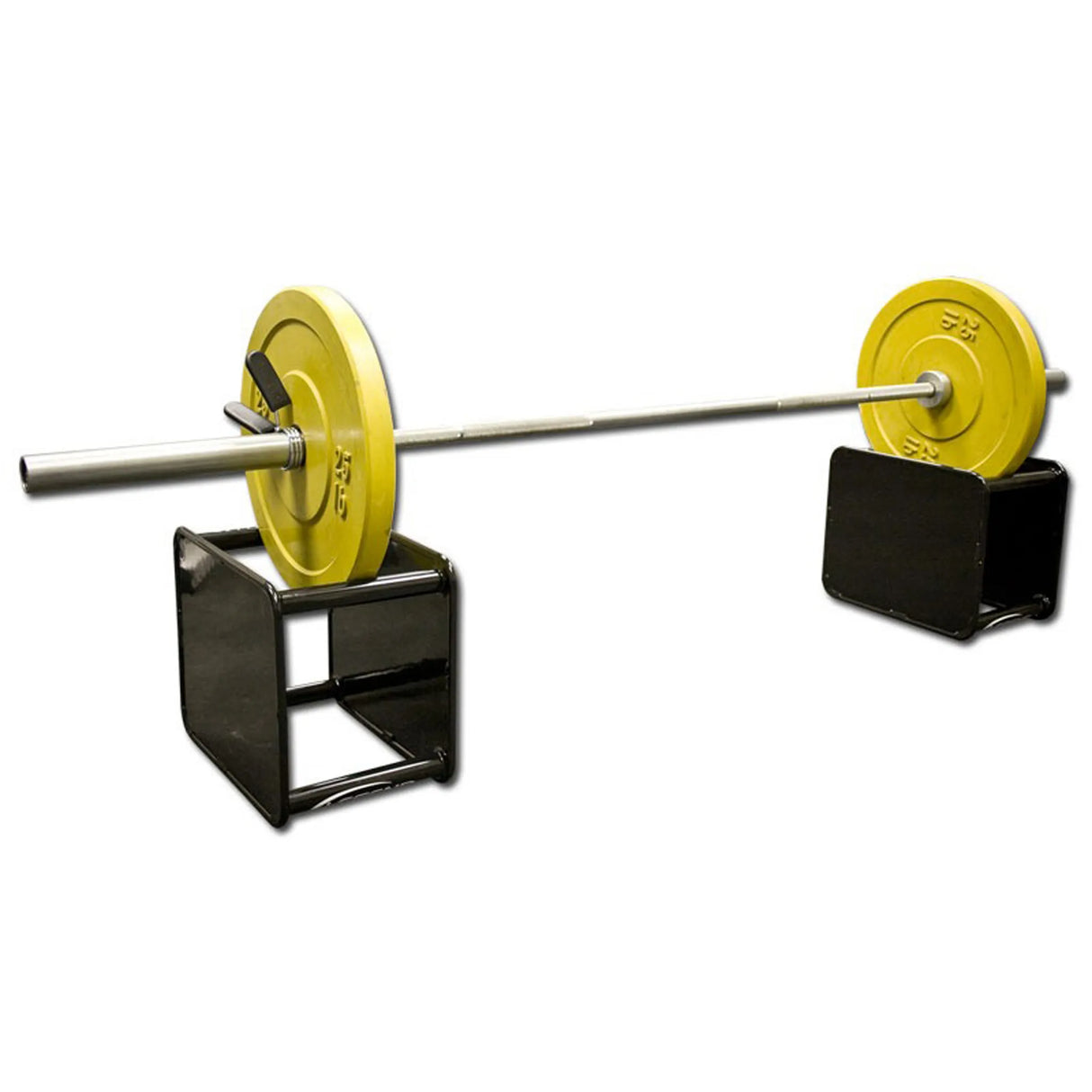 Barbell with yellow weight plates on black metal crates on a white background
