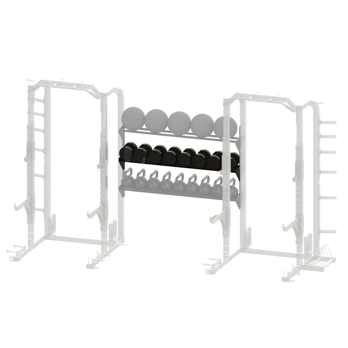 Black metal storage racks spanning between two grayed out squat racks on a white background