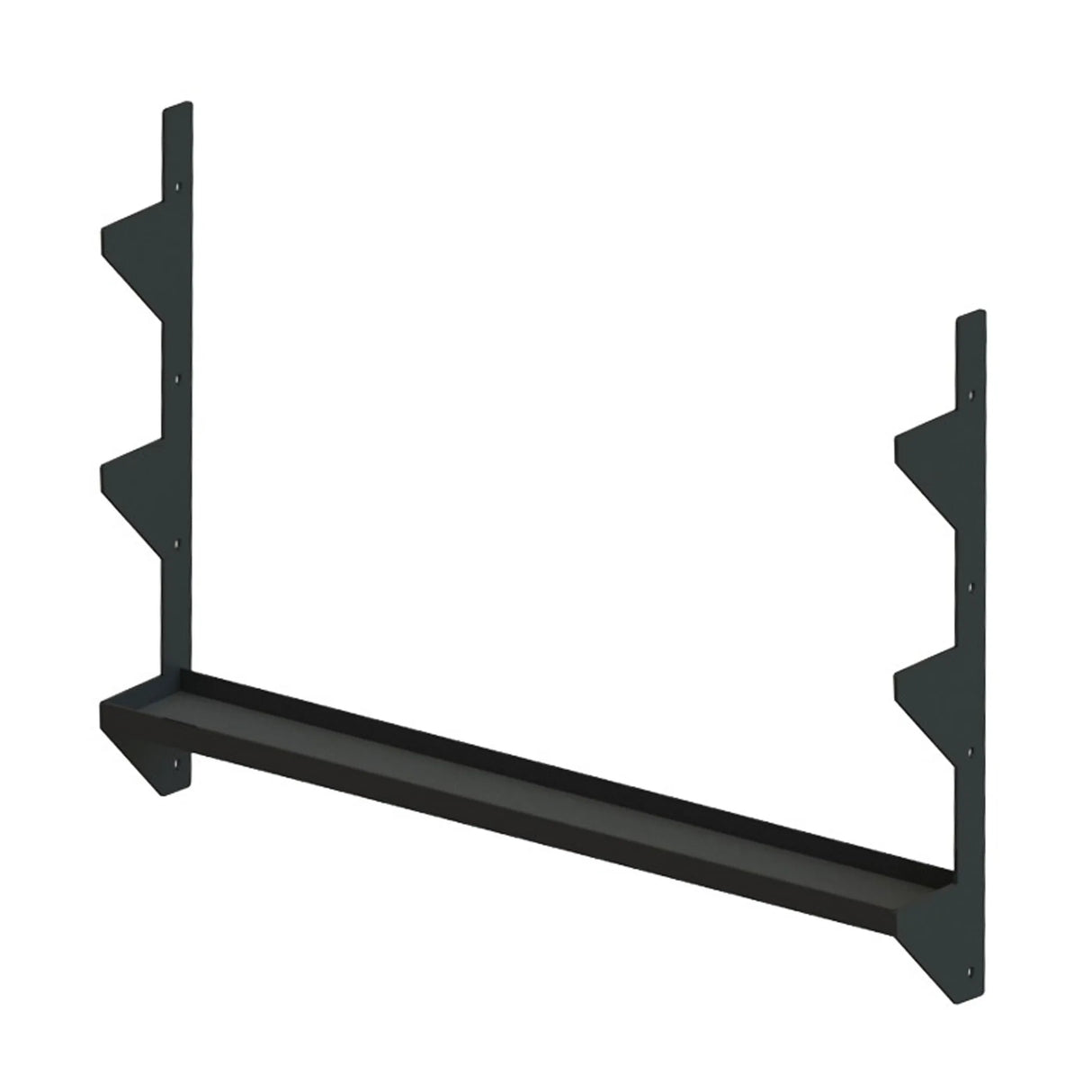 A black metal storage rack spanning between two vertical mounts