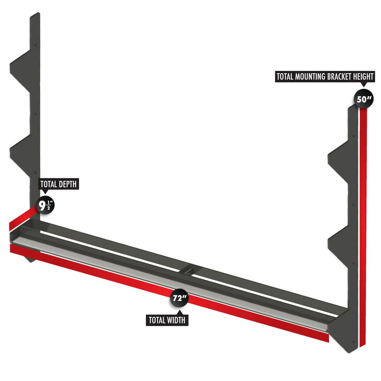 A black metal storage rack spanning between two vertical mounts with dimensions