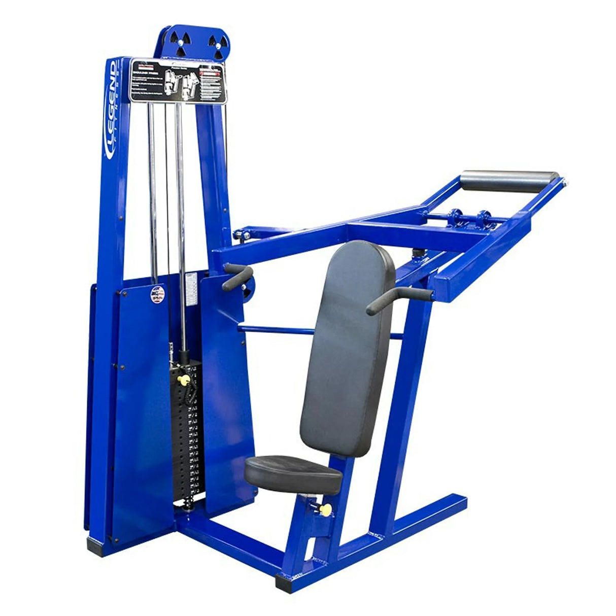 The Legend Fitness 902 Shoulder Press Machine by Legend Fitness features a blue and black padded seat and backrest, handles, weight stack, and instructional placard, designed for shoulder strength training exercises.