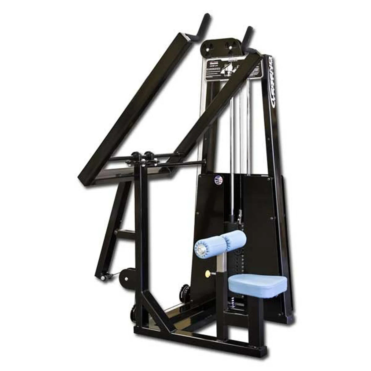 The Legend Fitness 903 Lever Lat Pulldown Machine by Legend Fitness is a black lat pulldown machine with padded handles, a blue seat and leg roller, a weight stack, and a sturdy metal frame designed for upper body strength training.