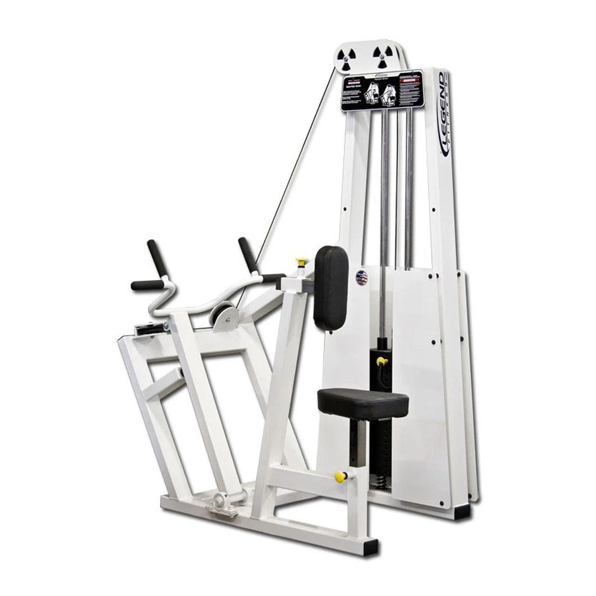 The Legend Fitness 904 Vertical Row Machine by Legend Fitness is a white, commercial-grade strength training machine with a padded seat, chest support, dual grips, and weight stack for gym use.