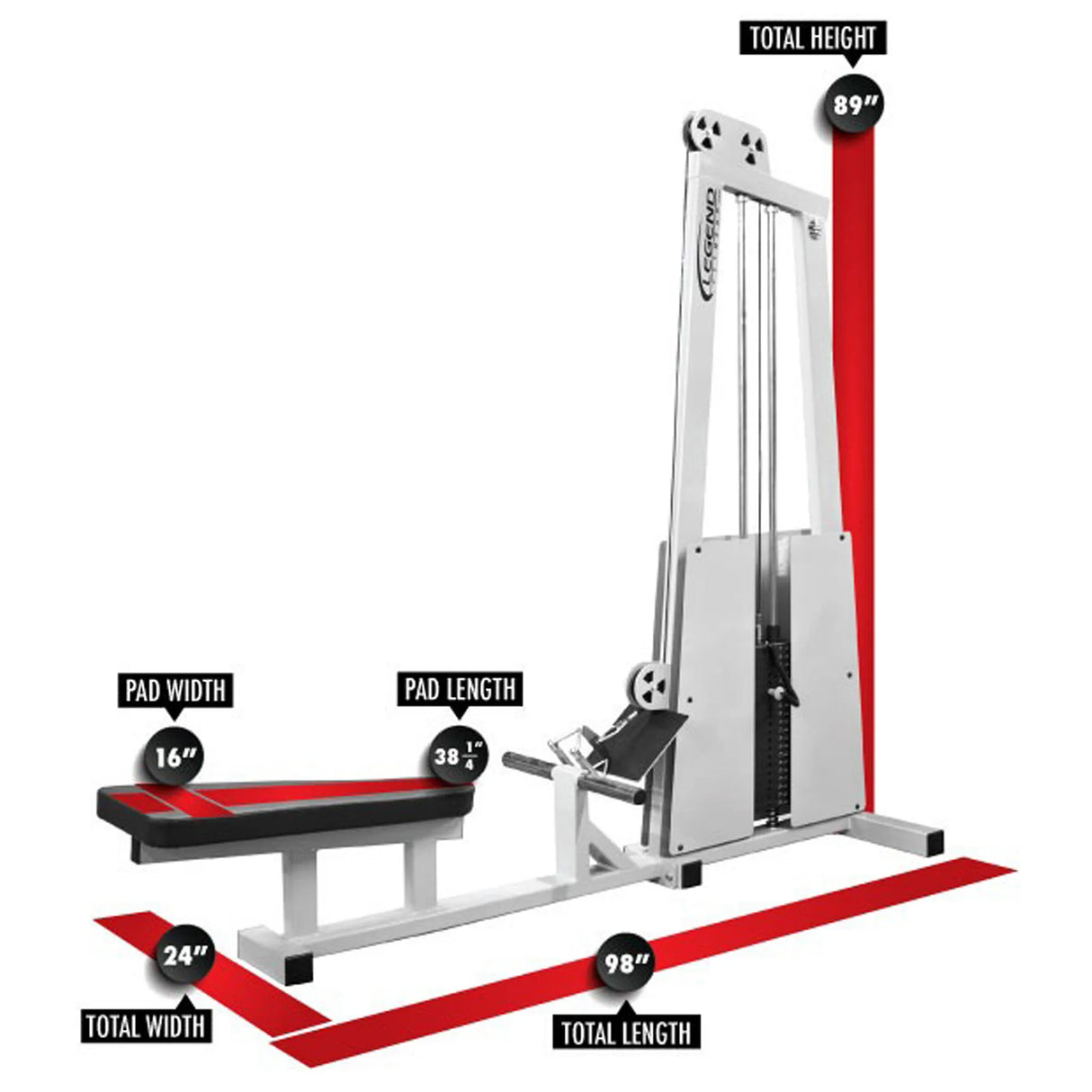 The Legend Fitness 906 Seated Row Machine by Legend Fitness measures 89" high, 98" long, and 24" wide, with a padded seat (38"x16"). It features a weighted pulley system for effective workouts.