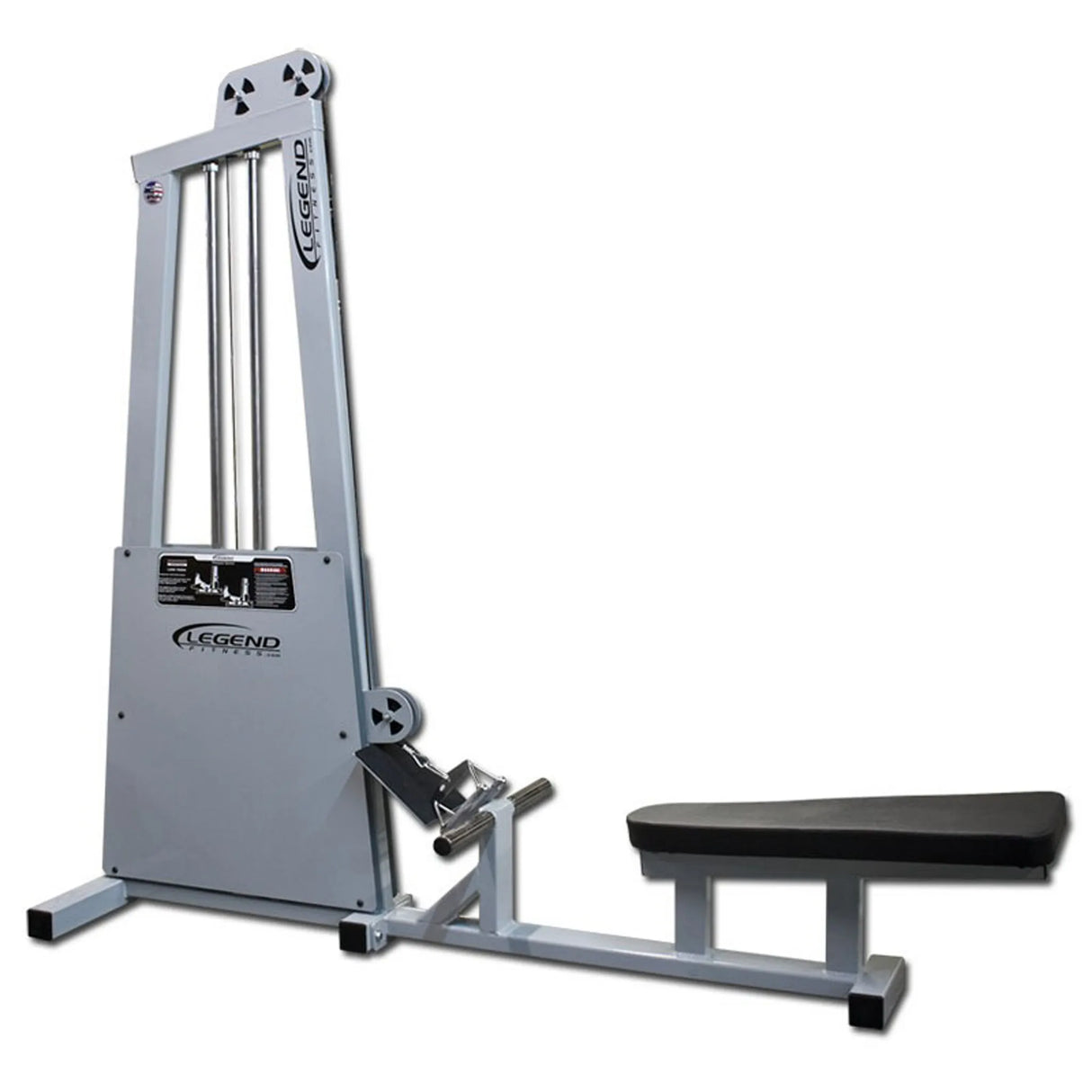 The Legend Fitness 906 Seated Row Machine by Legend Fitness features a padded bench, footplate, low pulley system, and selectable weight stack for effective gym strength training.