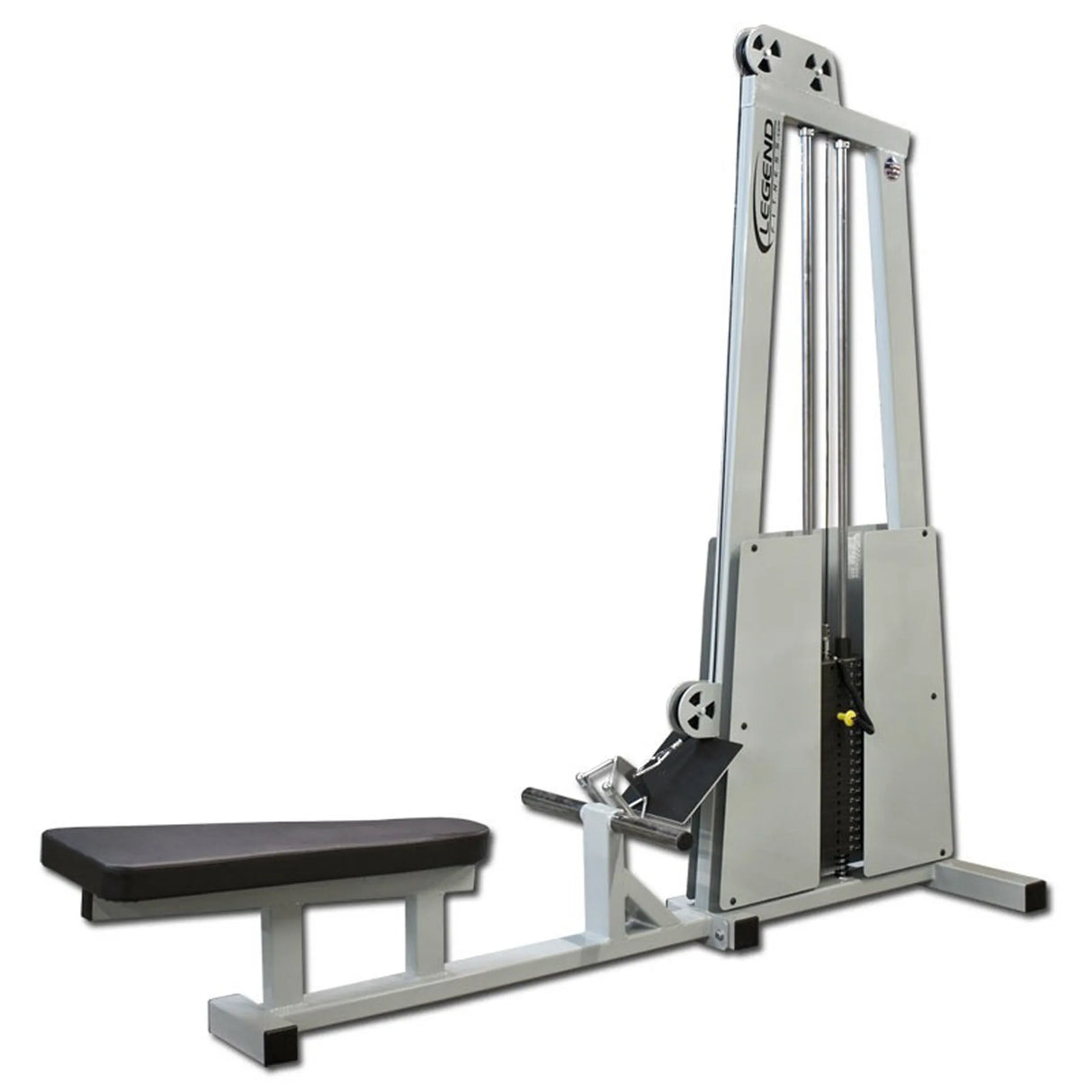 The Legend Fitness 906 Seated Row Machine by Legend Fitness features a padded bench, foot supports, vertical weight stack, and cable handle for effective strength training in gyms or fitness centers.