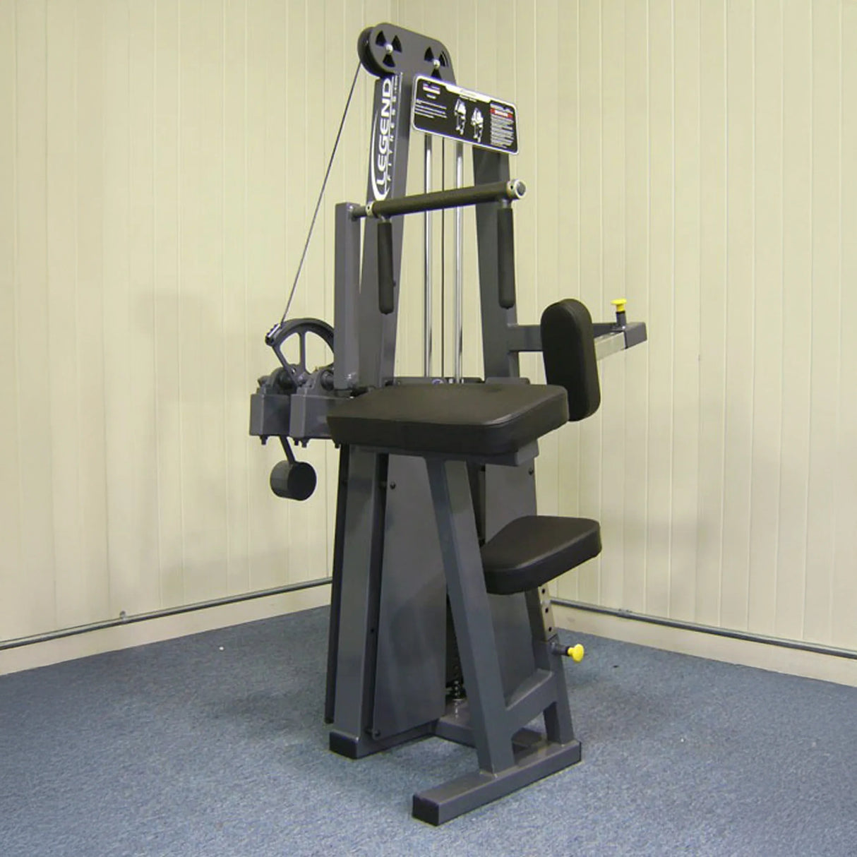 The Legend Fitness 910 Tricep Extension Machine by Legend Fitness features padded seats, a backrest, arm pads, and adjustable weights, designed for targeted tricep workouts in a carpeted room with a plain wall backdrop.