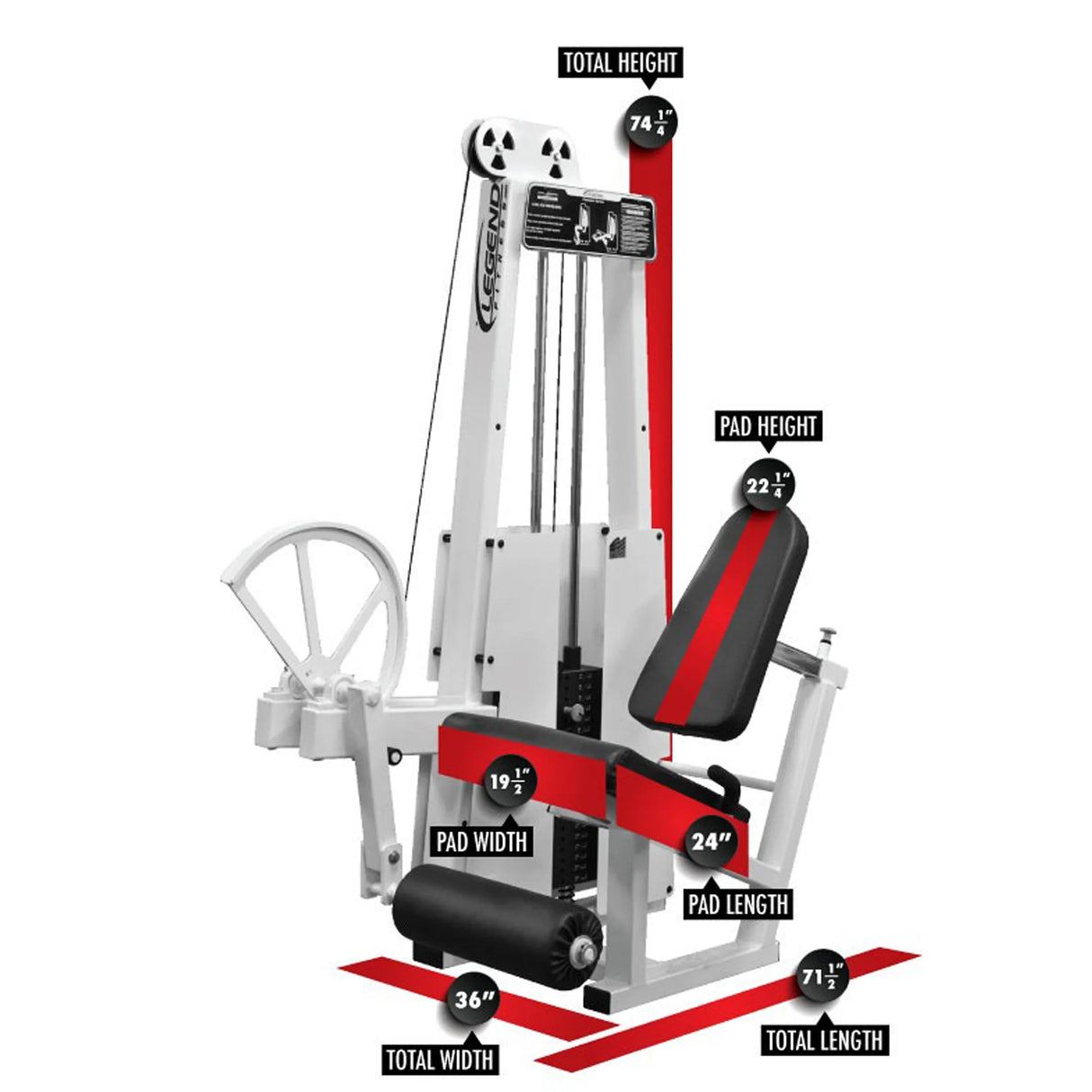 The Legend Fitness 911 Leg Extension Machine by Legend Fitness features a total height of 74.5", pad height of 22.5", pad width of 19.5", pad length of 24", total width of 36", and total length of 71.5".