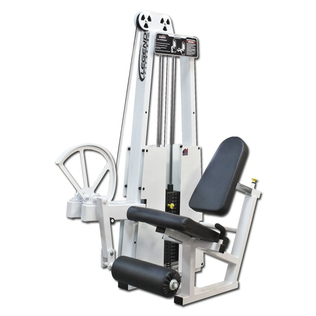 The Legend Fitness 911 Leg Extension Machine by Legend Fitness features a padded seat, backrest, and adjustable weight stack for thigh muscle strengthening in gyms or fitness centers.