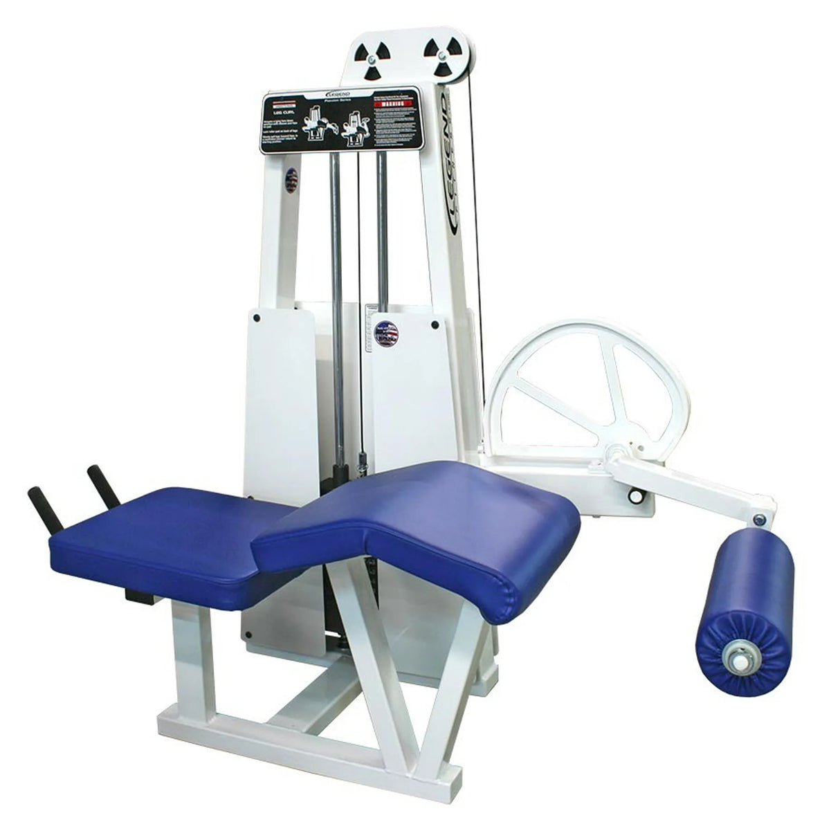 The Legend Fitness 912 Leg Curl Machine by Legend Fitness features a padded blue seat and leg support, a sturdy metal frame, a pulley system, and instructional graphics on the front panel.