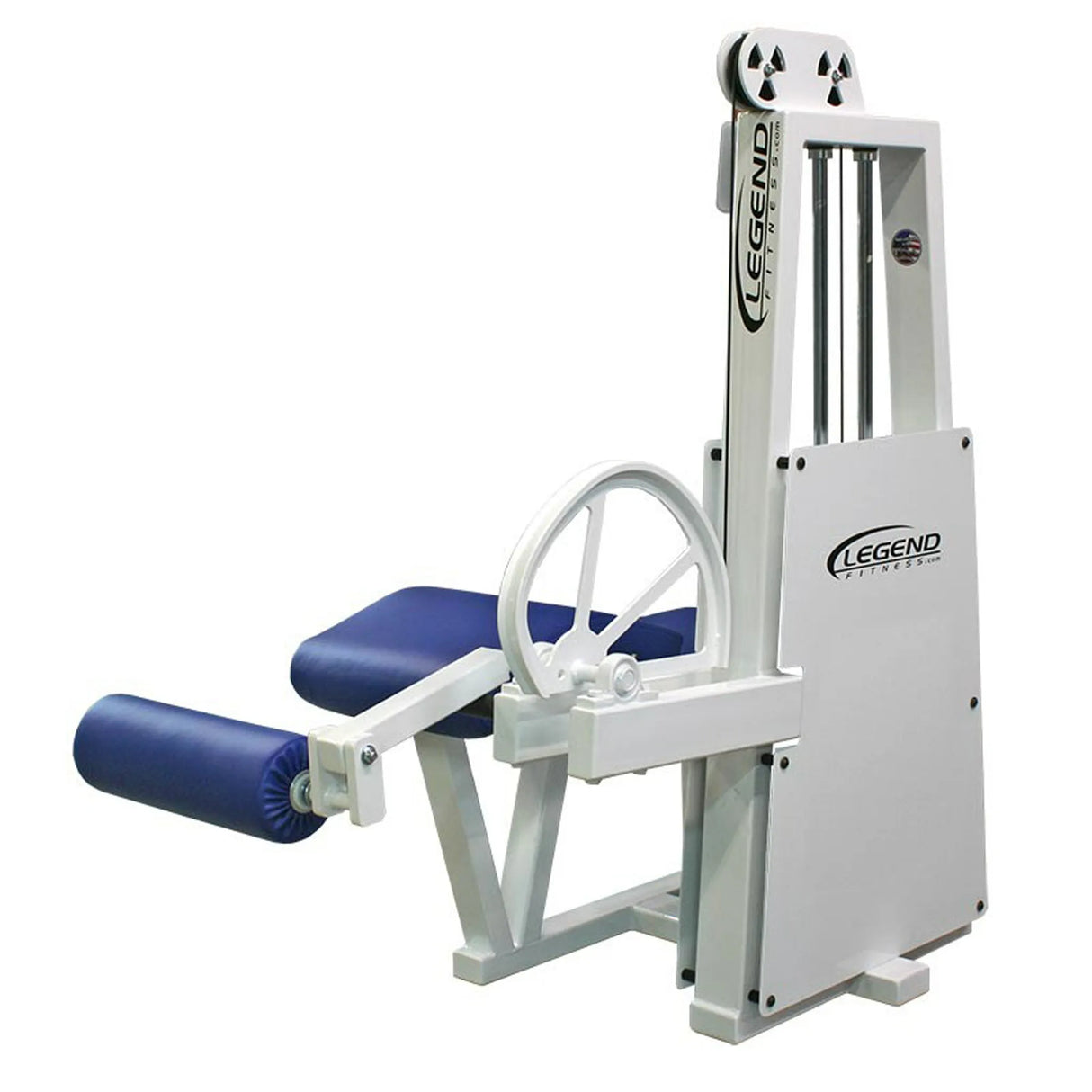The Legend Fitness 912 Leg Curl Machine features a padded seat and rollers, weight stack, white and blue finish, and Legend Fitness branding—ideal for strength training.