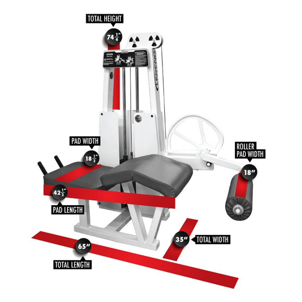 The Legend Fitness 912 Leg Curl Machine by Legend Fitness features handles, a large wheel, and labeled measurements: total height 74.5", pad width 18", pad length 42", total length 65", roller pad width 18", and total width 35".