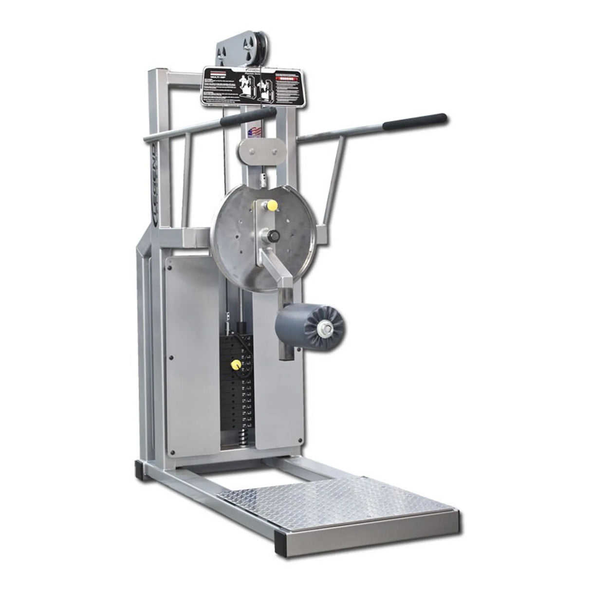 The Legend Fitness 916 Total Hip Combo Machine by Legend Fitness features a metal frame, padded supports, weight stack, and foot platform, designed for gym use to target hip and leg muscles.