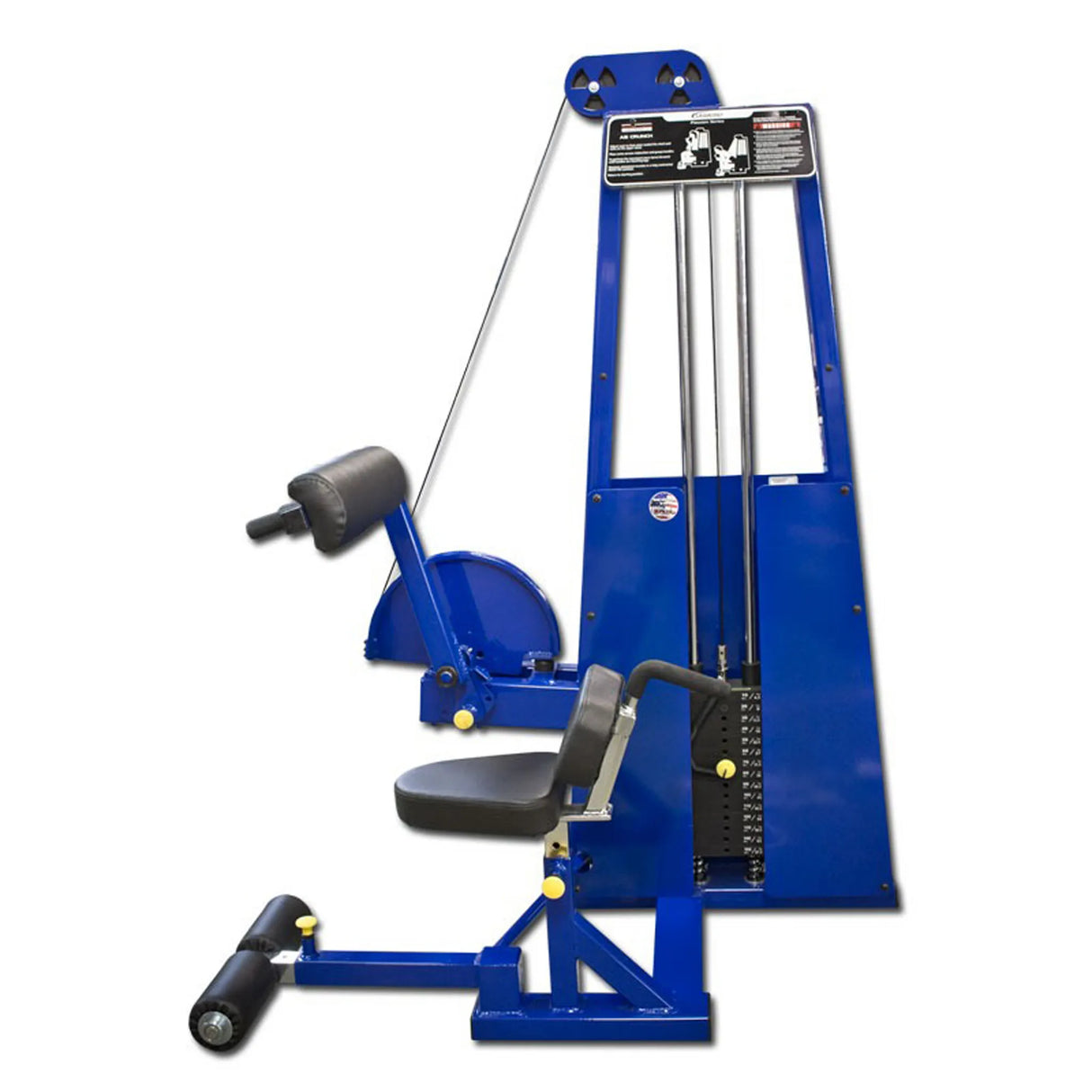 The Legend Fitness 941 Ab Crunch Machine by Legend Fitness features a black seat, padded rollers, weight stack, and instructional panel, all isolated on a white background.