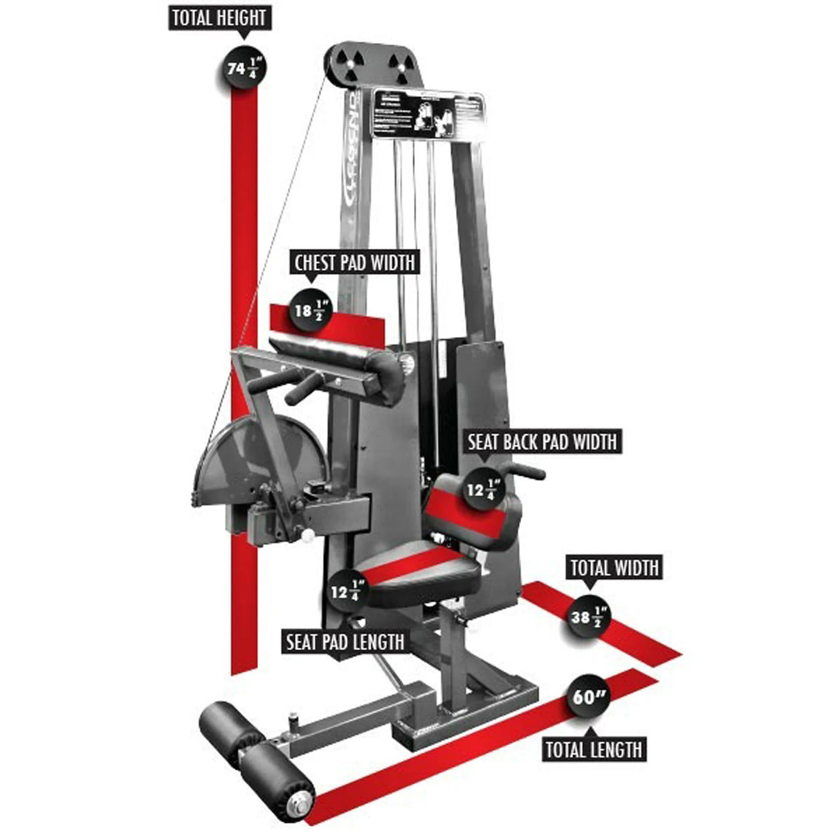 The Legend Fitness 941 Ab Crunch Machine by Legend Fitness features labeled dimensions: total height 74.5", chest pad width 18.5", seat back pad width 12", seat pad width 12" x 12", total width 38.5", and total length 60".