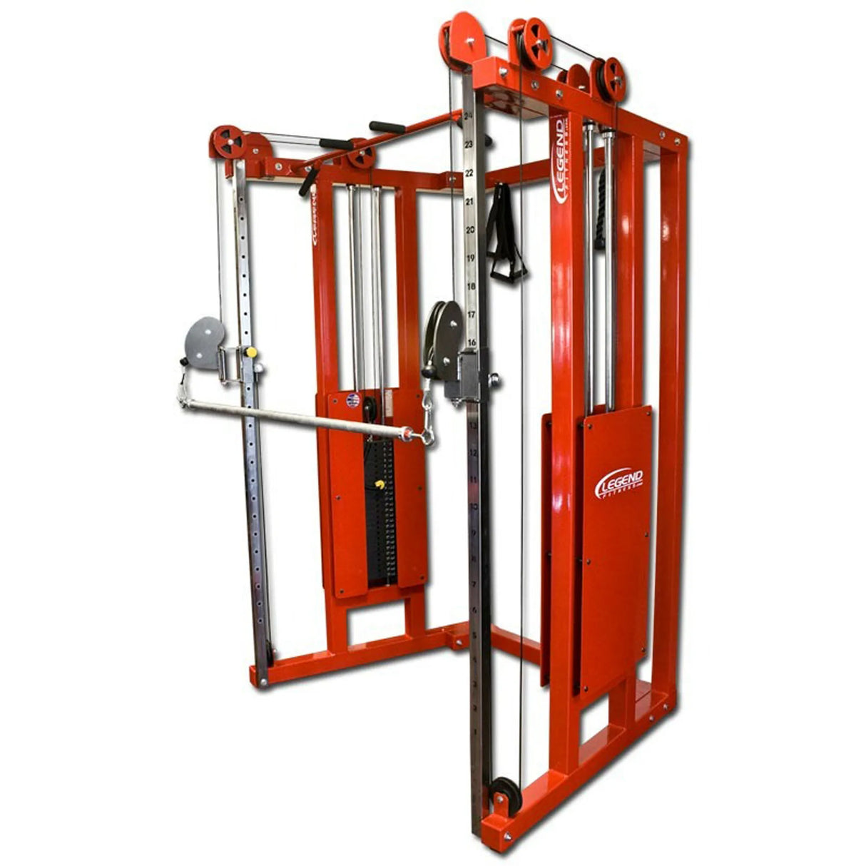 The Legend Fitness 953 Functional Trainer Machine by Legend Fitness is a red cable crossover unit with adjustable pulleys, weight stacks, and handles for strength training, shown against a plain white background.