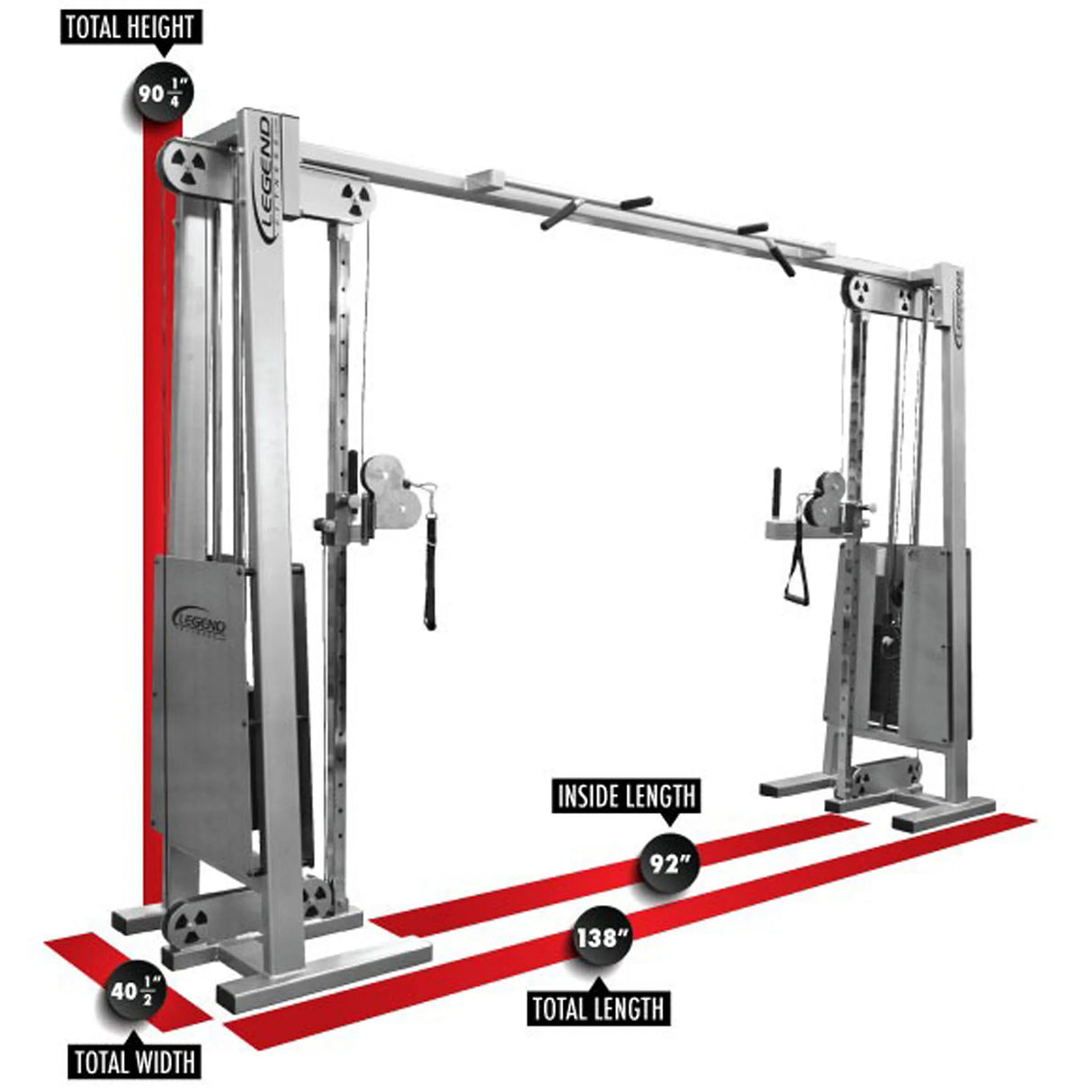 The Legend Fitness 954 Cable Crossover with Adjustable Pulleys by Legend Fitness measures 90.5" high, 40.5" wide, 138" long (92" inside length) and includes steel construction, cables, weight stacks, and pull handles.