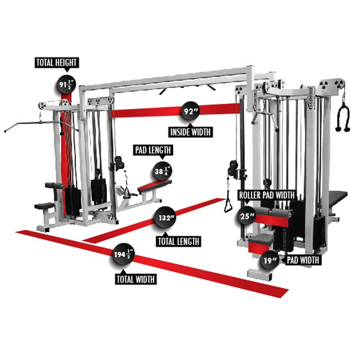 The Legend Fitness 959 Eight-Stack Jungle Gym by Legend Fitness measures 91 high, 92 inside width, pad length 38, roller pad width 25, pad width 19, total length 132, and total width 194.