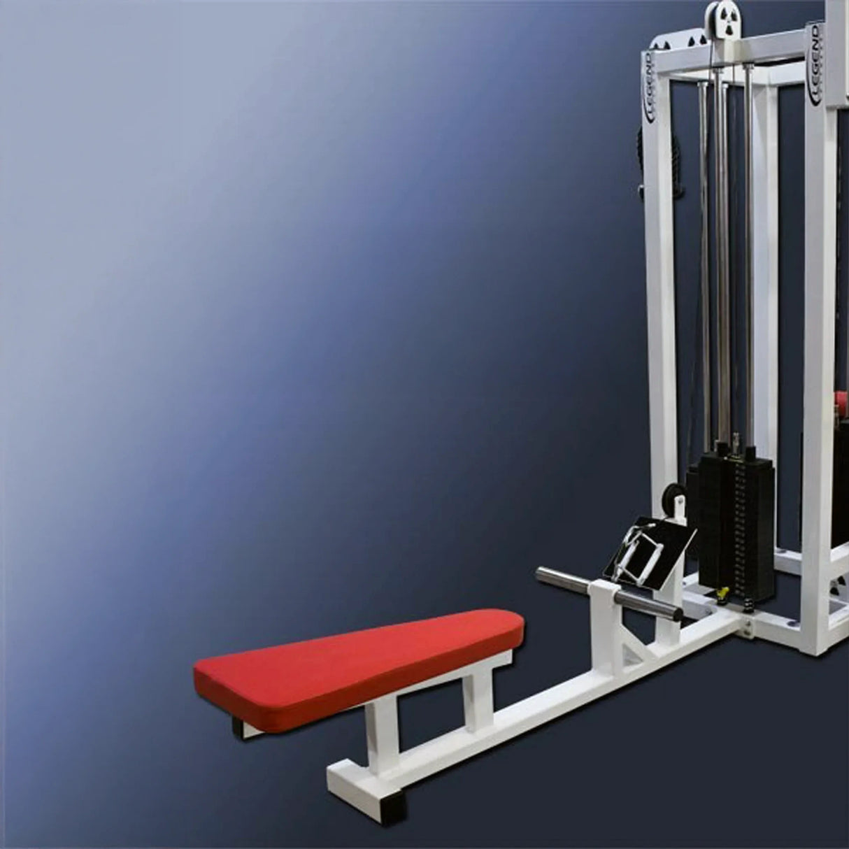 The Legend Fitness 959 Eight-Stack Jungle Gym by Legend Fitness features a red padded bench, white frame, weight stack, pulleys, and rowing handle. It is shown against a gradient blue background.