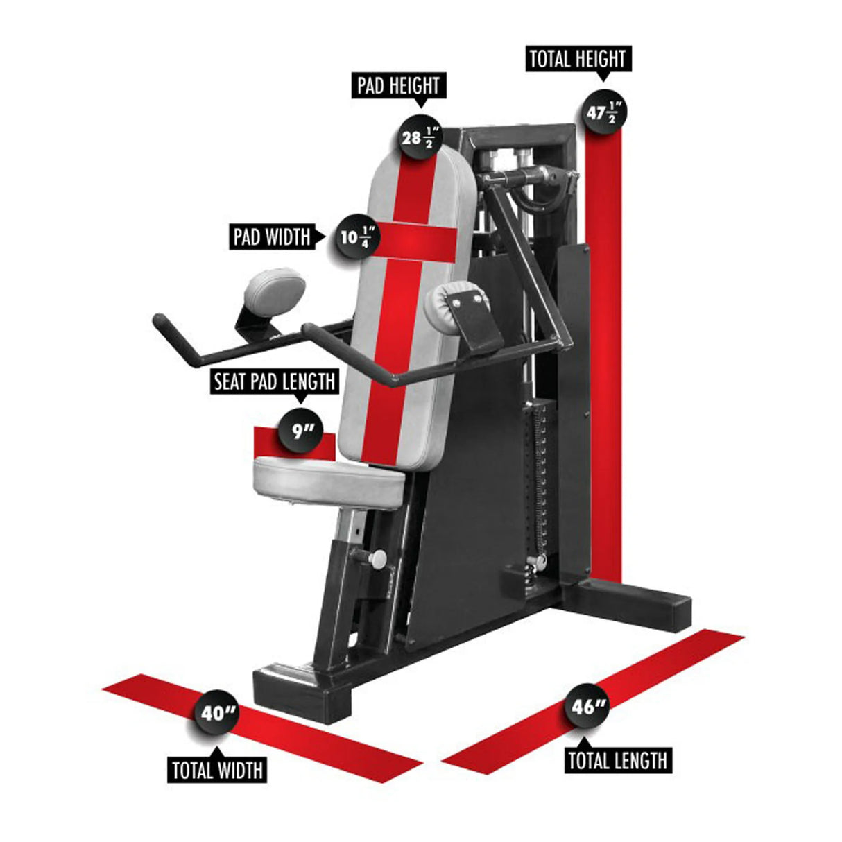 The Legend Fitness 962 Lateral Raise Machine by Legend Fitness features pad height 28.5", pad width 10.5", seat pad length 9", total height 47.5", width 40", and length 46".