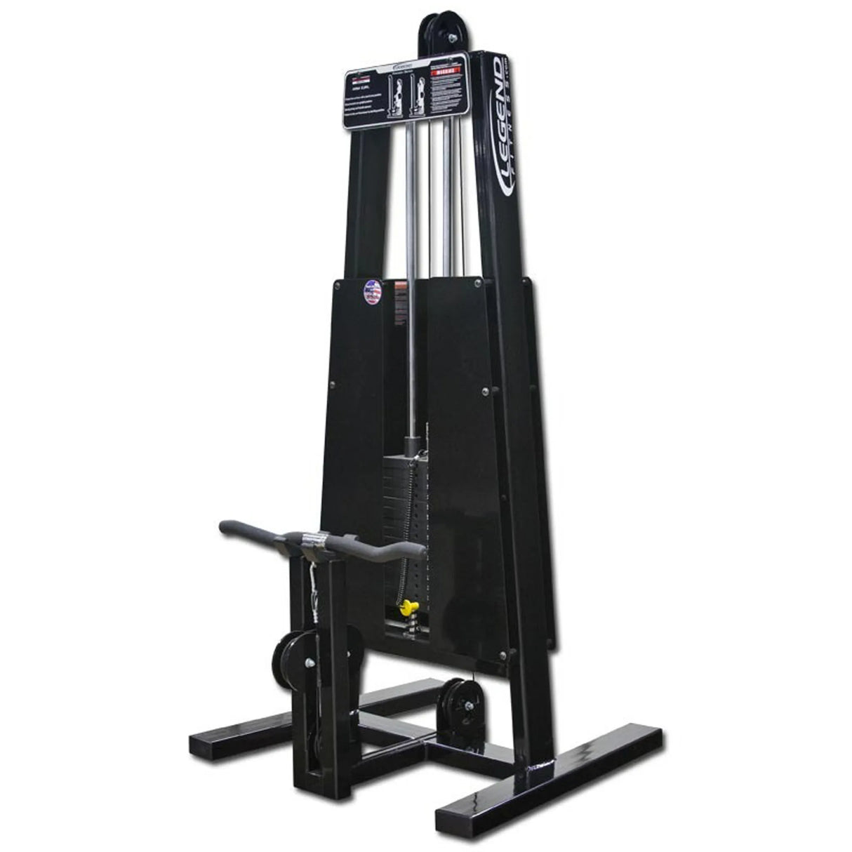 The Legend Fitness 966 Standing Bicep Machine features a sturdy metal frame, visible weight stack, padded black seat, handles, and displays Legend Fitness branding on the side.