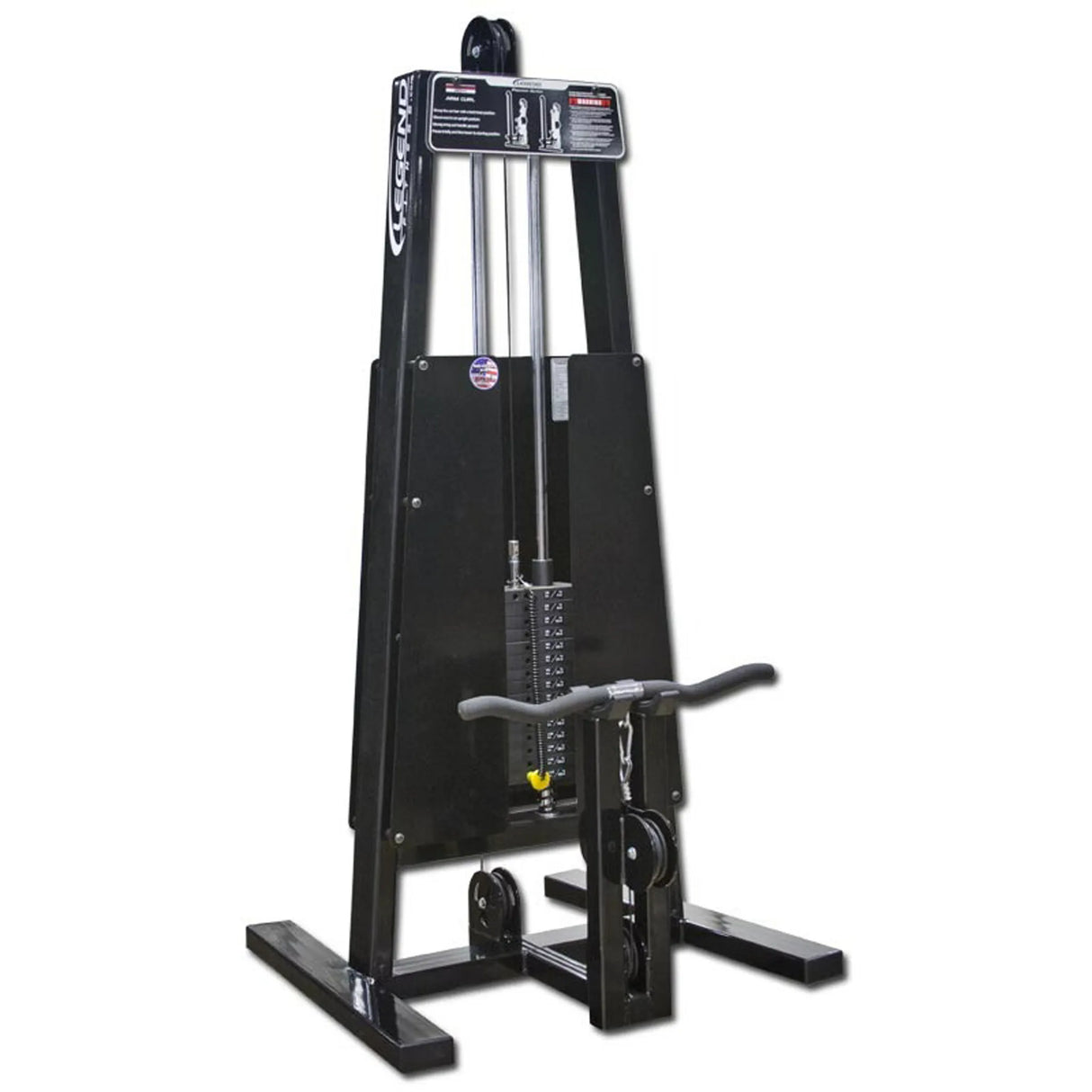 A Legend Fitness 966 Standing Bicep Machine by Legend Fitness, black with a weight stack and pulleys, designed for standing bicep workouts, shown on a white background.
