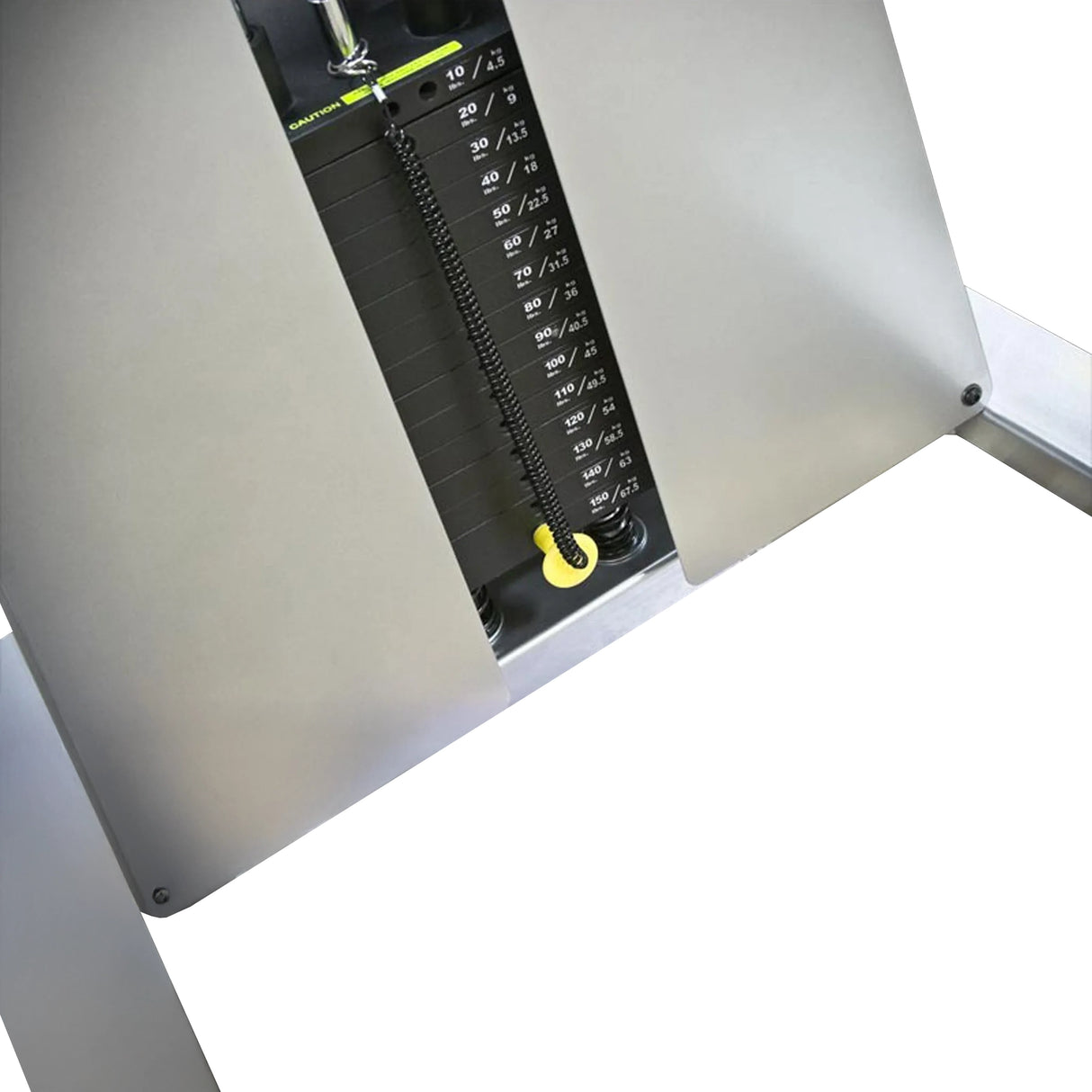 Close-up of the weight stack on the Legend Fitness 967 Standing Tricep Machine by Legend Fitness, featuring numbered weight plates and a yellow selector pin, with part of the metallic frame visible.