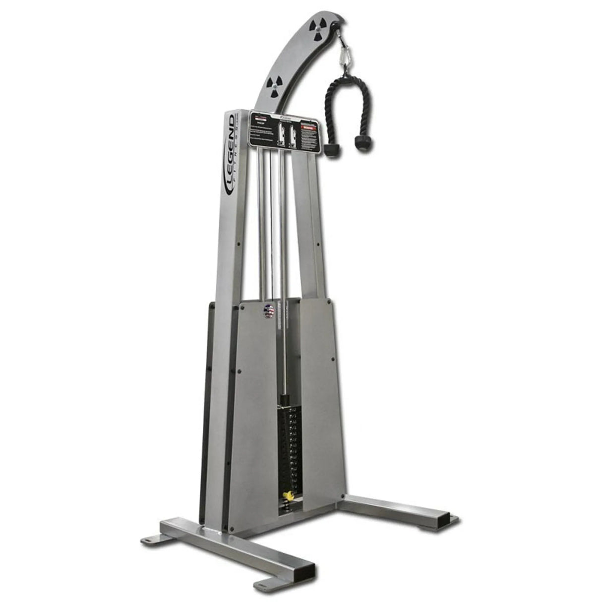 The Legend Fitness 967 Standing Tricep Machine by Legend Fitness features a silver frame, weight stack, two upright supports, curved top arm, and a black rope handle with rubber ends for effective strength training.