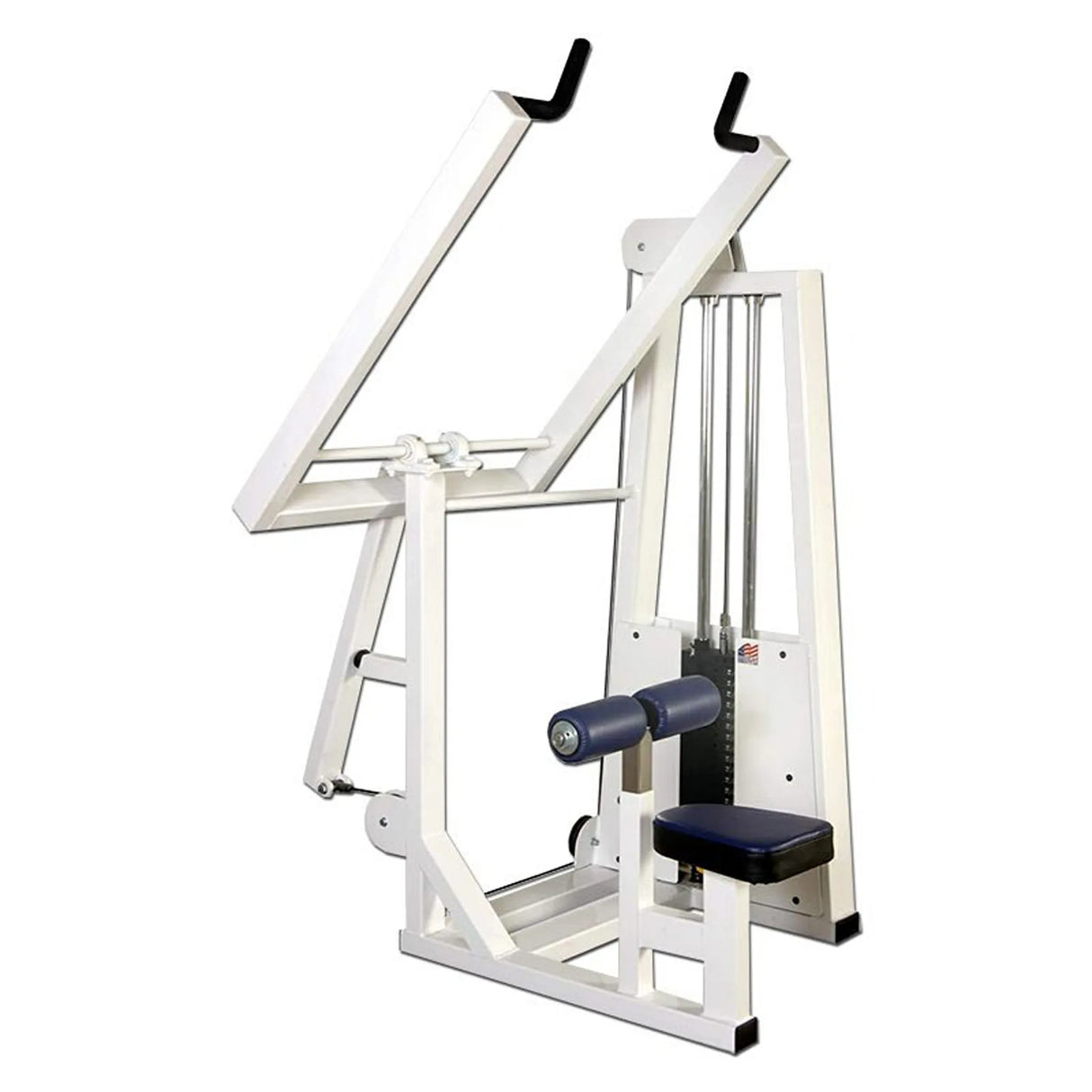 The Legend Fitness 968 Women's Circuit by Legend Fitness is a white gym machine with padded seat, backrest, and adjustable leg support for lat pulldown exercises, featuring handles and a weight stack.