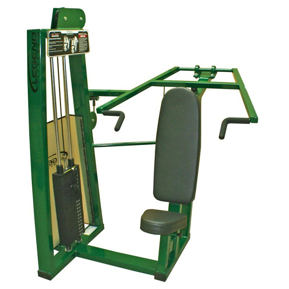 The Legend Fitness 969 Children's Circuit by Legend Fitness is a green chest press machine with a padded seat and backrest, adjustable weight stack, and horizontal handles for upper-body workouts in gyms.