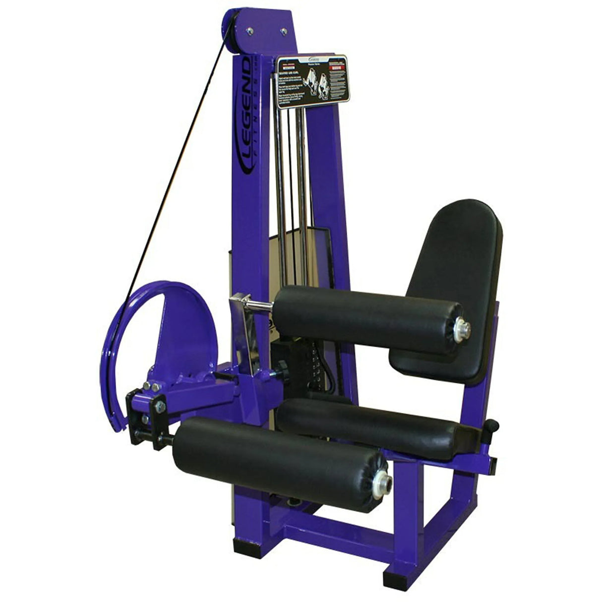The Legend Fitness 969 Children's Circuit by Legend Fitness is a purple and black leg extension machine with padded seat and rollers, featuring a pulley and weight stack system for quadriceps strength training.